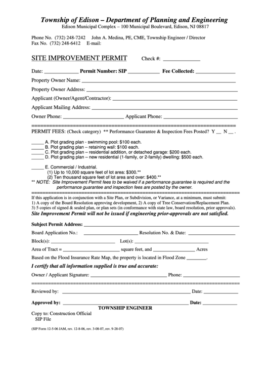 Site Improvement Permit Application Form 2006 Printable pdf