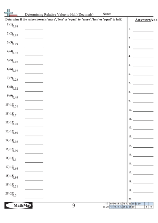 Determining Relative Value To Half (Decimals) Worksheet With Answer Key Printable pdf