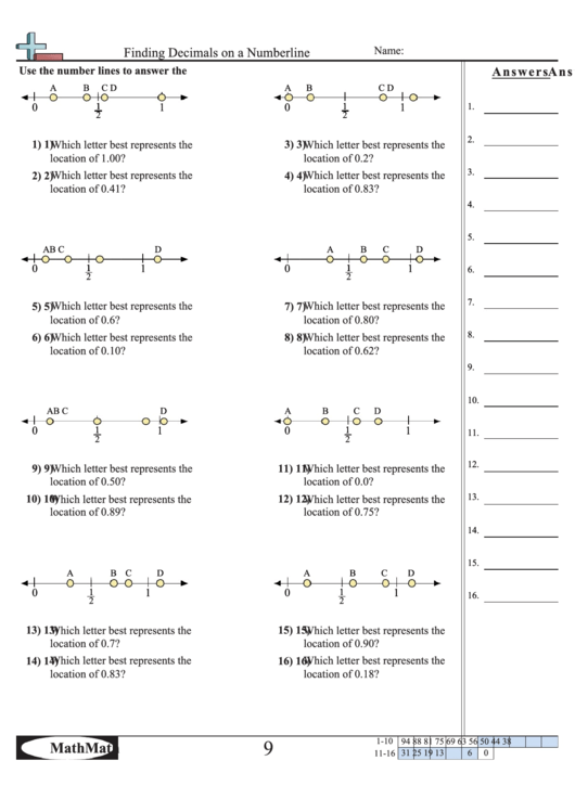 Finding Decimals On A Numberline Worksheet With Answer Key Printable pdf