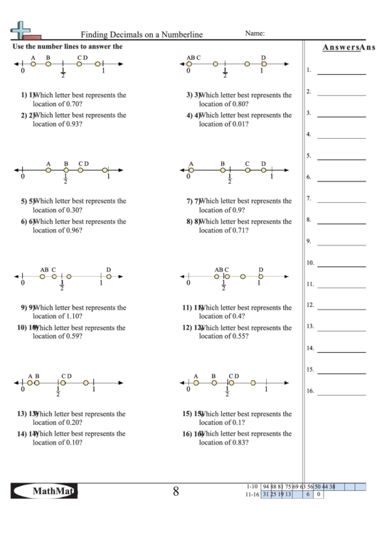 finding decimals on a numberline worksheet with answer key