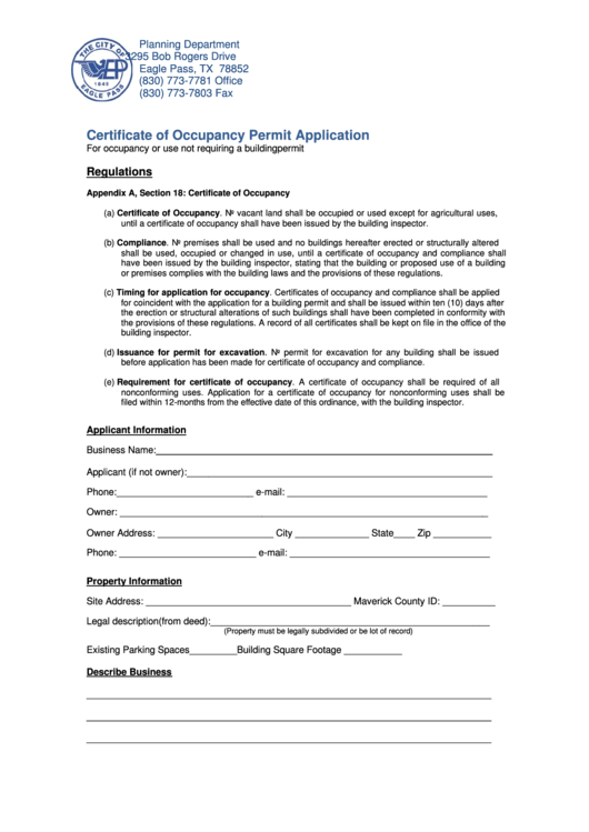 Fillable Certificate Of Occupancy Application Form Printable pdf