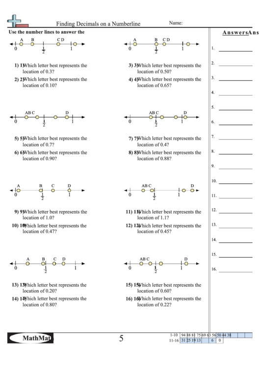 Finding Decimals On A Numberline Worksheet With Answer Key Printable pdf