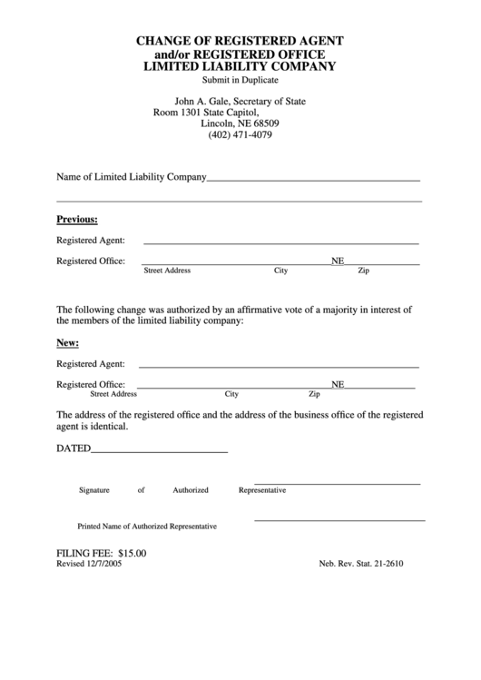 Fillable Change Of Registered Agent And/or Registered Office Limited Liability Company Form - Secretary Of State - Nebraska Printable pdf