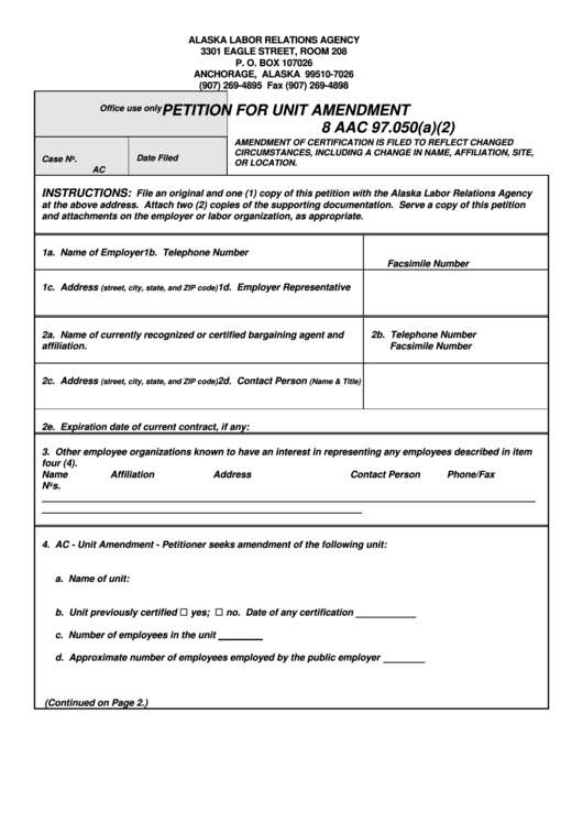 Petition For Unit Amendment Form - Alaska Labor Relations Agency Printable pdf