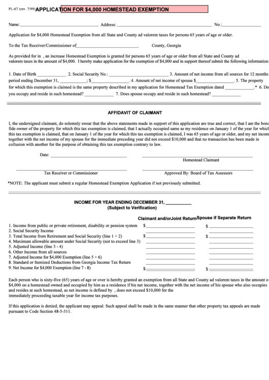 Form Pl-67 - Application For Homestead Exemption Printable pdf