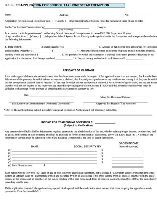 Form Pl-74 - Application For School Tax Homestead Exemption Printable pdf