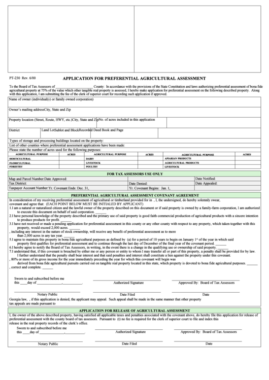 Form Pt-230 - Application For Preferential Agricultural Assessment Printable pdf
