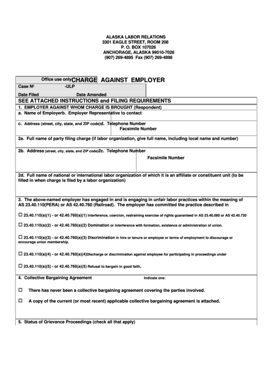 Charge Against Employer Form - Alaska Labor Relations Printable pdf