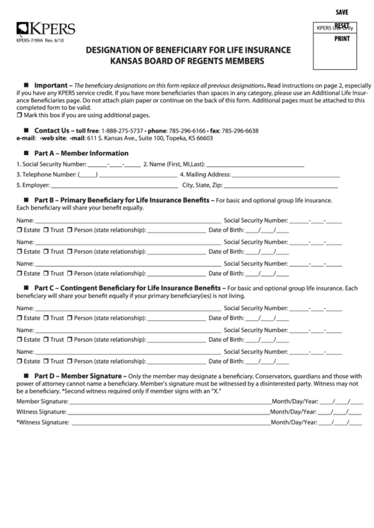 Fillable Form Kpers-7/99a - Designation Of Beneficiary For Life Insurance Printable pdf