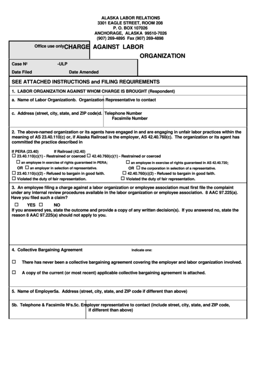 Form Charge Against Labor Organization - Ak Labor Relations Printable pdf