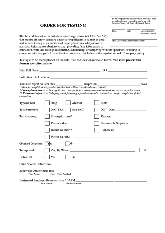 Order For Testing Form Printable pdf