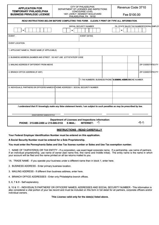 Application For Temporary Philadelphia Business Privilege License Form Printable pdf