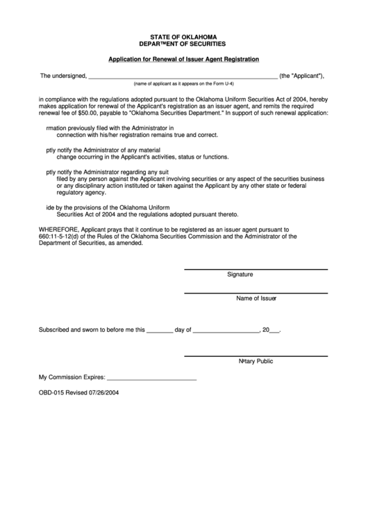 Form Obd-015 - Application For Renewal Of Issuer Agent Registration - Department Of Securities Printable pdf