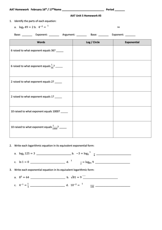 Exponents Homework #3, Aat Unit 5 - February 16th/17th Printable pdf
