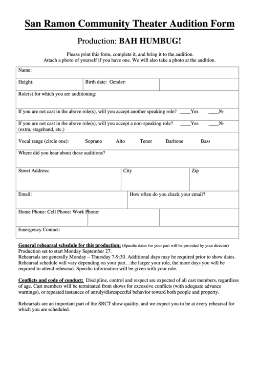Theater Audition Form Printable pdf