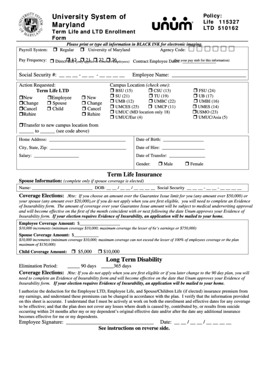 Term Life And Ltd Enrollment Form Printable pdf