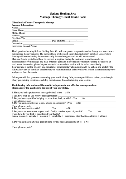 Massage Therapy Client Intake Form Printable pdf