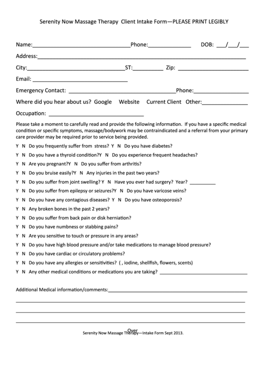 Serenity Now Massage Therapy Client Intake Form Printable pdf
