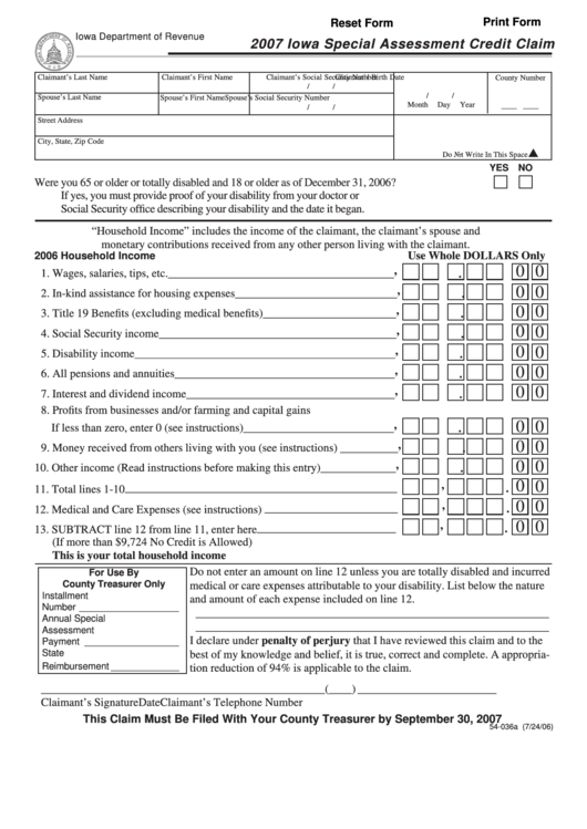 Fillable Form 54-036a - Iowa Special Assessment Credit Claim - 2007 Printable pdf