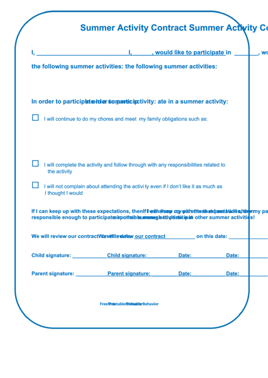 Fillable Summer Activity Contract Template Printable pdf