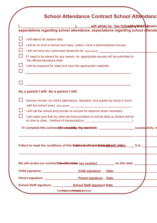 School Attendance Contract Template Printable pdf