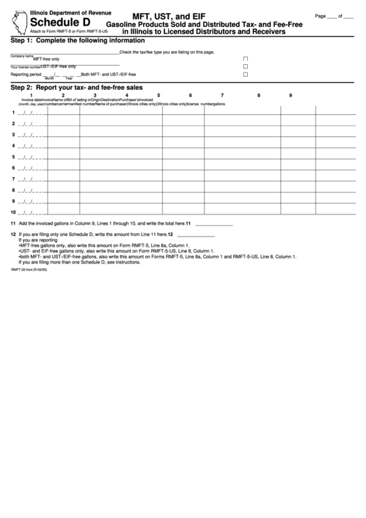 Form Rmft-32 - Schedule D - Mft,ust And Eif Gasoline Products Sold And Distributed Tax- And Fee-Free In Illinois To Licensed Distributors And Receivers Printable pdf