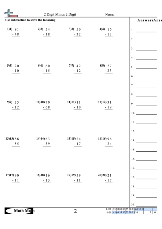 2 digit minus 2 digit worksheet with answer key printable pdf download
