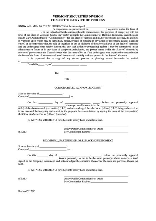 Form Consent To Service Of Process - Vt Securities Division Printable pdf