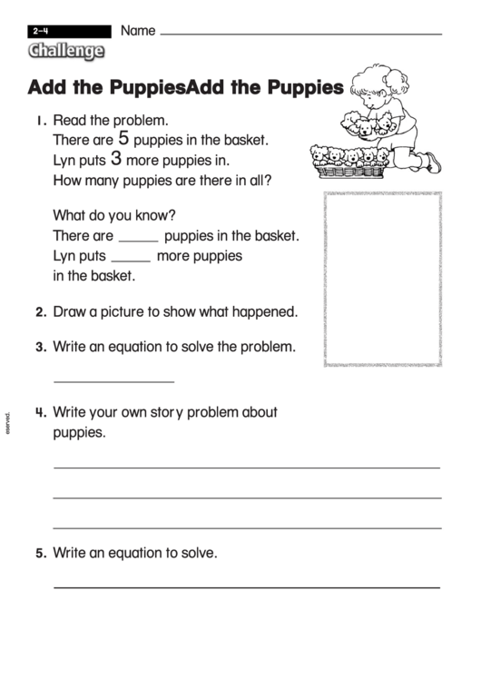 Add The Puppies - Challenge Worksheet With Answer Key Printable pdf
