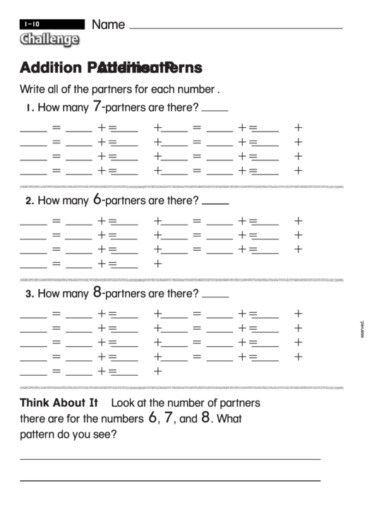 Addition Patterns - Challenge Worksheet With Answer Key Printable pdf