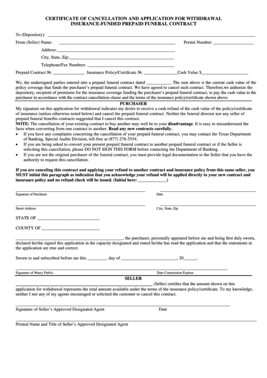 Fillable Certificate Of Cancellation And Application For Withdrawal Insurance-Funded Prepaid Funeral Contract Form Printable pdf