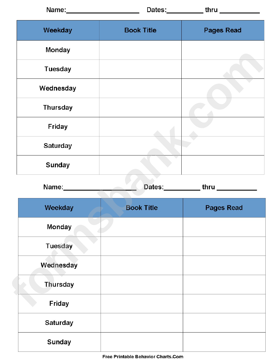 Blue Reading Chart With Pages Read
