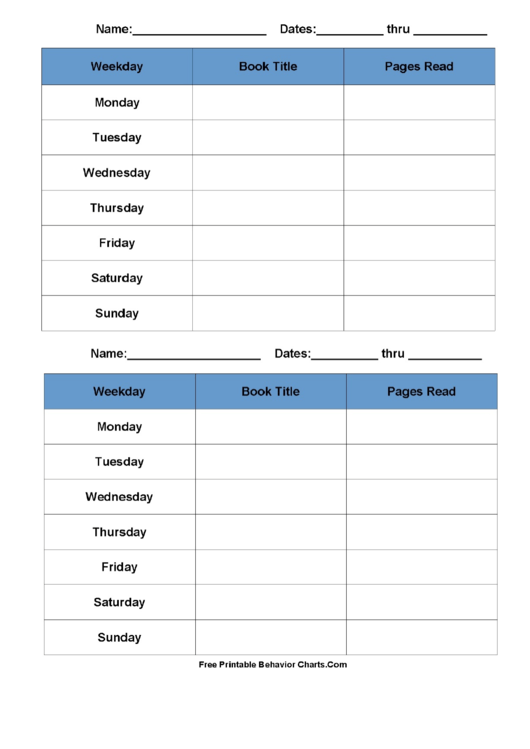 Blue Reading Chart With Pages Read Printable pdf