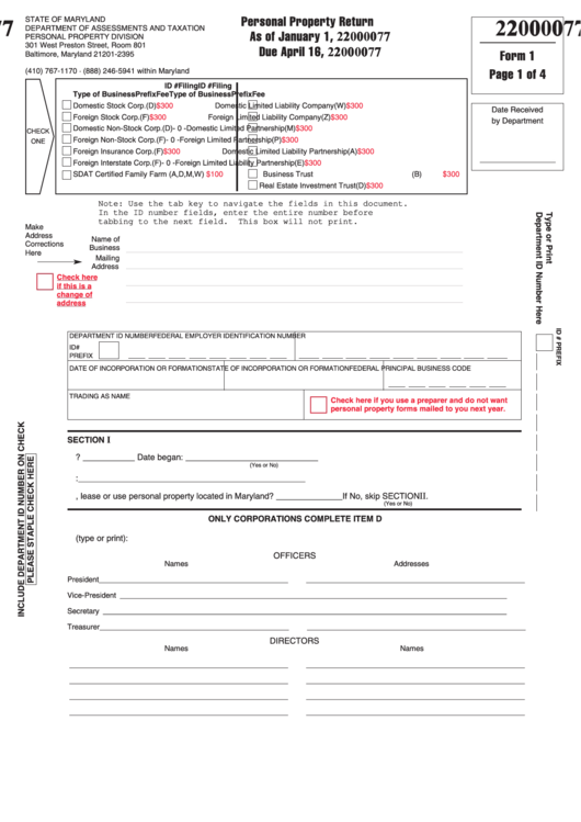 Fillable Form 1 - Personal Property Return - 2007 Printable pdf
