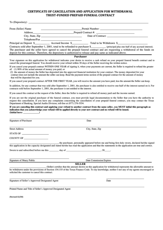 Fillable Certificate Of Cancellation And Application For Withdrawal Trust-Funded Prepaid Funeral Contract Form Printable pdf