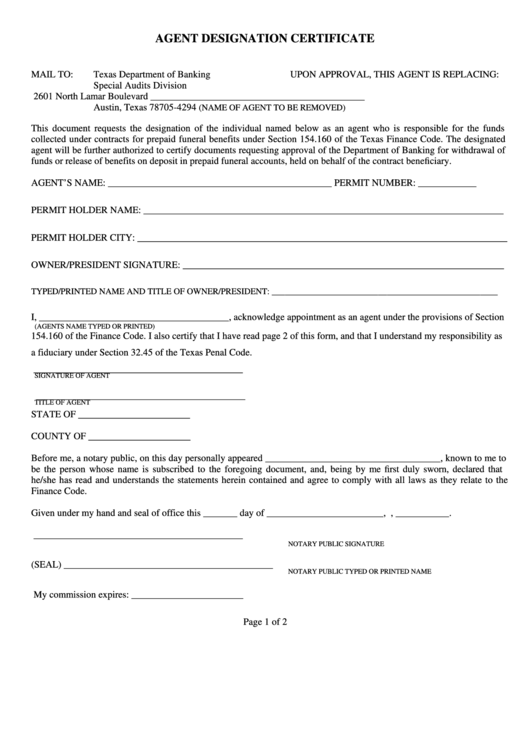 Fillable Agent Designation Certificate Form printable pdf download