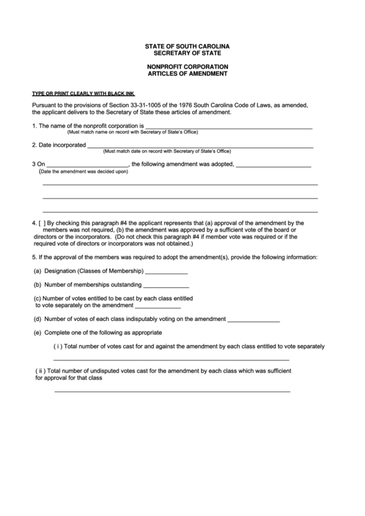 Fillable Nonprofit Corporation Articles Of Amendment Printable pdf