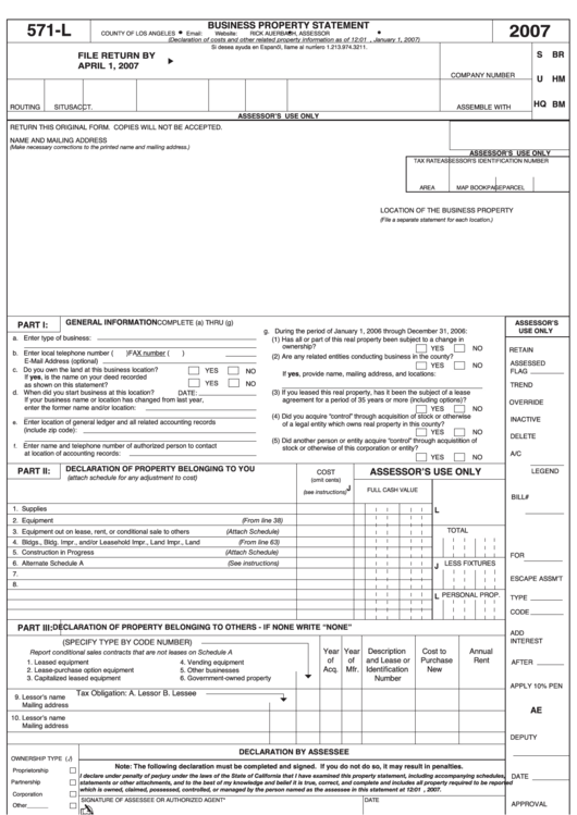 Form 571-L - Business Property Statement - 2007 Printable pdf