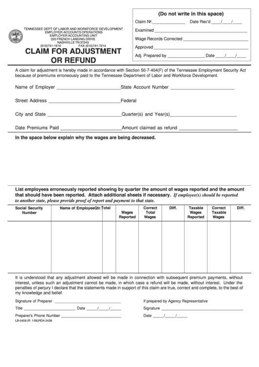 Form Lb-0459 - Claim For Adjustment Or Refund Printable pdf