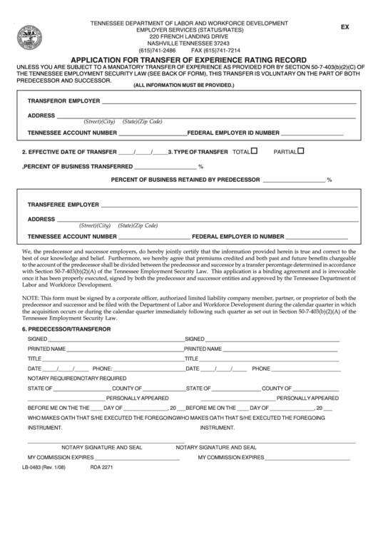 Form Lb-0483 - Application For Transfer Of Experience Rating Record - 2008 Printable pdf