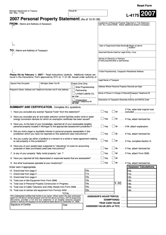 Fillable Form L-4175 - Personal Property Statement - 2007 Printable pdf
