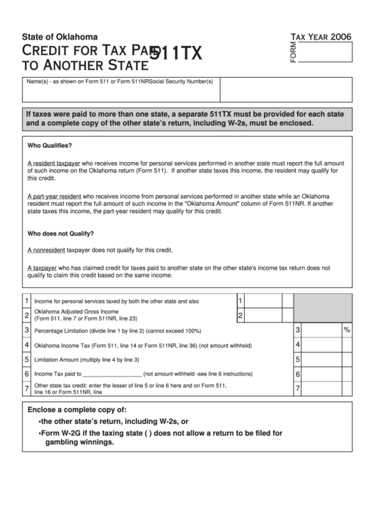 Fillable Form 511tx - Credit For Tax Paid To Another State - 2006 Printable pdf