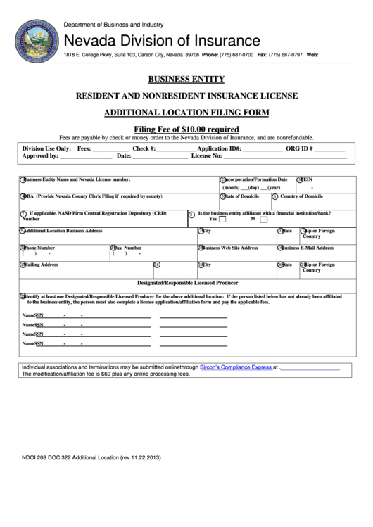 Form Ndoi 208 - Additional Location Filing Form - Nevada Division Of Insurance Printable pdf