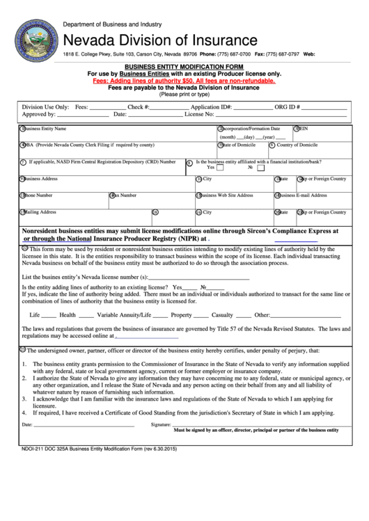 Form Ndoi-211 - Business Entity Modification Form - Nevada Division Of Insurance Printable pdf