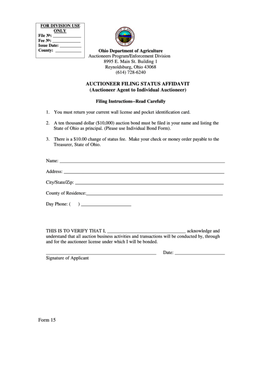 Form 15 - Auctioneer Filing Status Affidavit (Auctioneer Agent To Individual Auctioneer) Printable pdf
