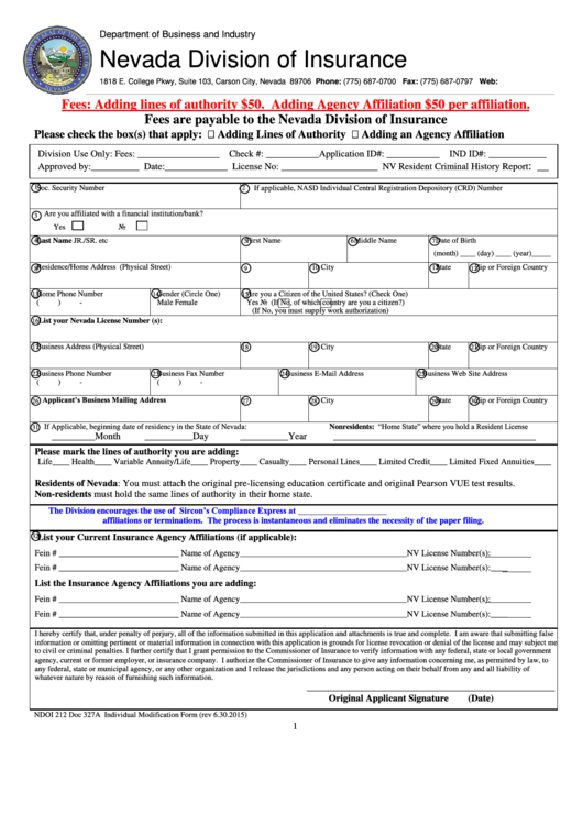 Form Ndoi 212 - Nevada Division Of Insurance Printable pdf