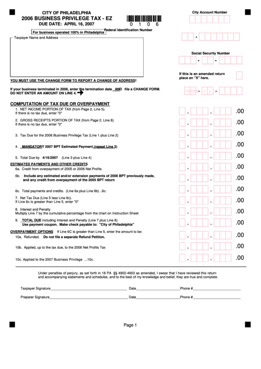 2006 Business Privilege Tax - Ez - City Of Philadelphia Printable pdf