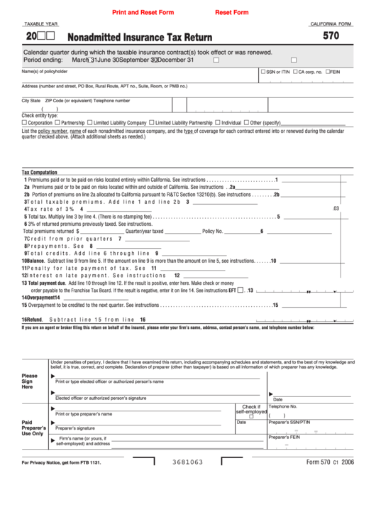 Fillable California Form 570 - Nonadmitted Insurance Tax Return Printable pdf