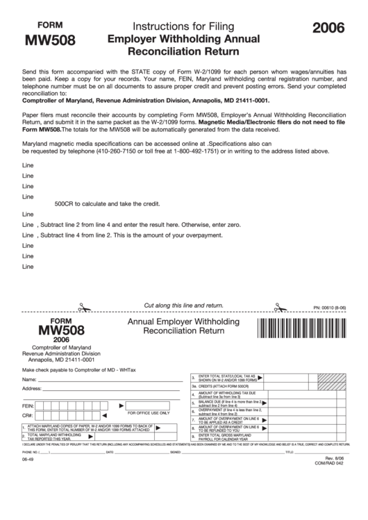 Fillable Form Mw508 - Annual Employer Withholding Reconciliation Return 2006 - Maryland Printable pdf