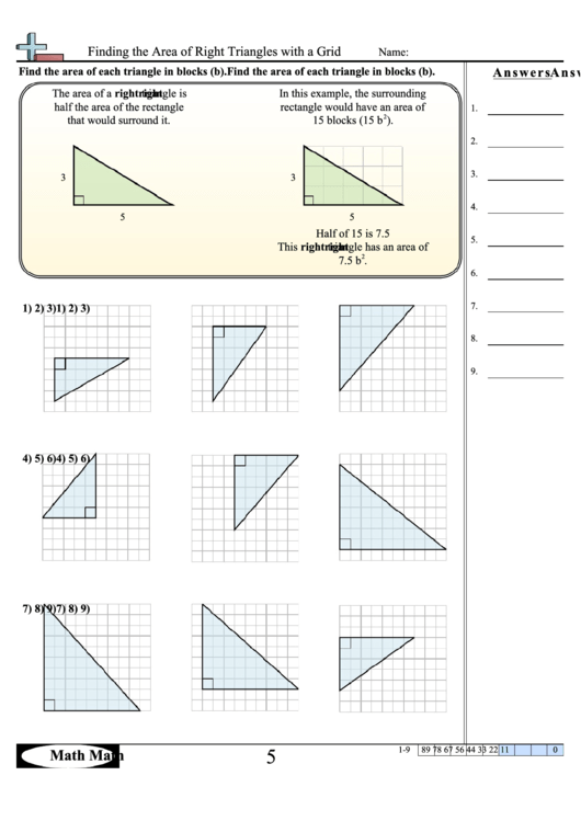 Finding The Area Of Right Triangles With A Grid Worksheet With Answer Key Printable pdf
